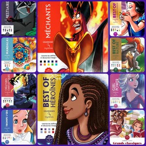 May include: A collection of coloring books featuring various themes and characters. The covers display illustrations of a raccoon, a villain, a woman with braids, and other cartoon characters. The books are labeled with titles like "Best of Heroines" and "Mandala."