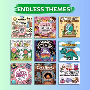 Puede incluir: Una colecci&oacute;n de nueve libros para colorear ilustrados con varios temas, incluyendo gatos, dulces, jardines y dinosaurios. La frase "ENDLESS THEMES!" est&aacute; escrita en verde encima de los libros. Cada libro tiene una portada ilustrada.