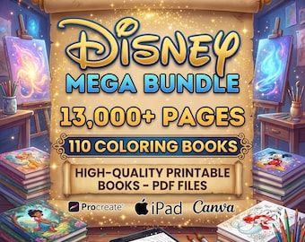 Peut inclure: Image publicitaire pour un méga pack Disney de livres de coloriage. L'image présente un parchemin avec le logo Disney et le texte : "MEGA BUNDLE 13 000+ PAGES 110 COLORIAGES". On y voit des piles de livres de coloriage et un iPad.
