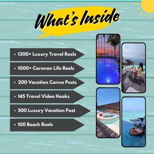 May include: A teal background with the text "What's Inside" in a handwritten font. The image lists content including luxury travel reels, caravan life reels, vacation Canva posts, travel video hooks, luxury vacation posts, and beach reels.