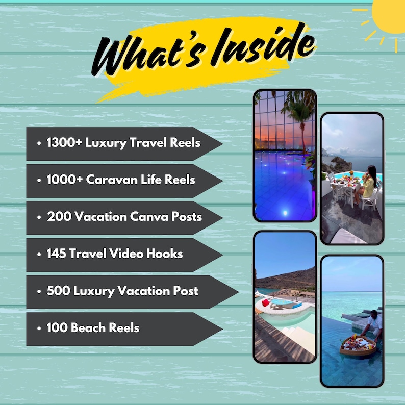 May include: A teal background with the text "What's Inside" in a handwritten font. The image lists content including luxury travel reels, caravan life reels, vacation Canva posts, travel video hooks, luxury vacation posts, and beach reels.