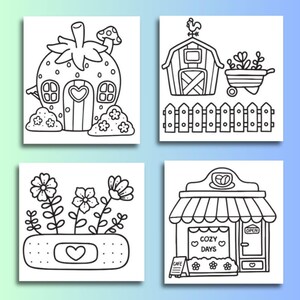 Puede incluir: Cuatro ilustraciones en blanco y negro de escenas caprichosas. Una casa de fresas, un granero con una carretilla, flores en una venda y una cafeter&iacute;a con el texto "Cozy Days" y "Open".