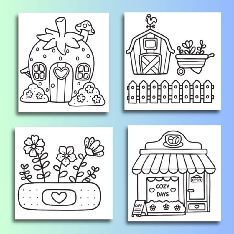Puede incluir: Cuatro ilustraciones en blanco y negro de escenas caprichosas. Una casa de fresas, un granero con una carretilla, flores en una venda y una cafeter&iacute;a con el texto "Cozy Days" y "Open".