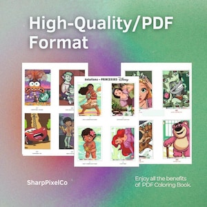 May include: A collection of printable PDF coloring pages featuring Disney princesses and other cartoon characters. The pages are displayed on a green and purple background with the text "High-Quality/PDF Format". The SharpPixelCo logo is visible.