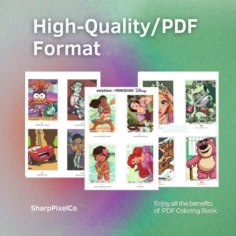 May include: A collection of printable PDF coloring pages featuring Disney princesses and other cartoon characters. The pages are displayed on a green and purple background with the text "High-Quality/PDF Format". The SharpPixelCo logo is visible.