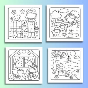 Puede incluir: Cuatro p&aacute;ginas para colorear en blanco y negro con escenas de granja y exteriores. Una muestra a una persona regando plantas, otra a una persona con ovejas, una tercera a una persona leyendo y la &uacute;ltima a una persona junto al agua.