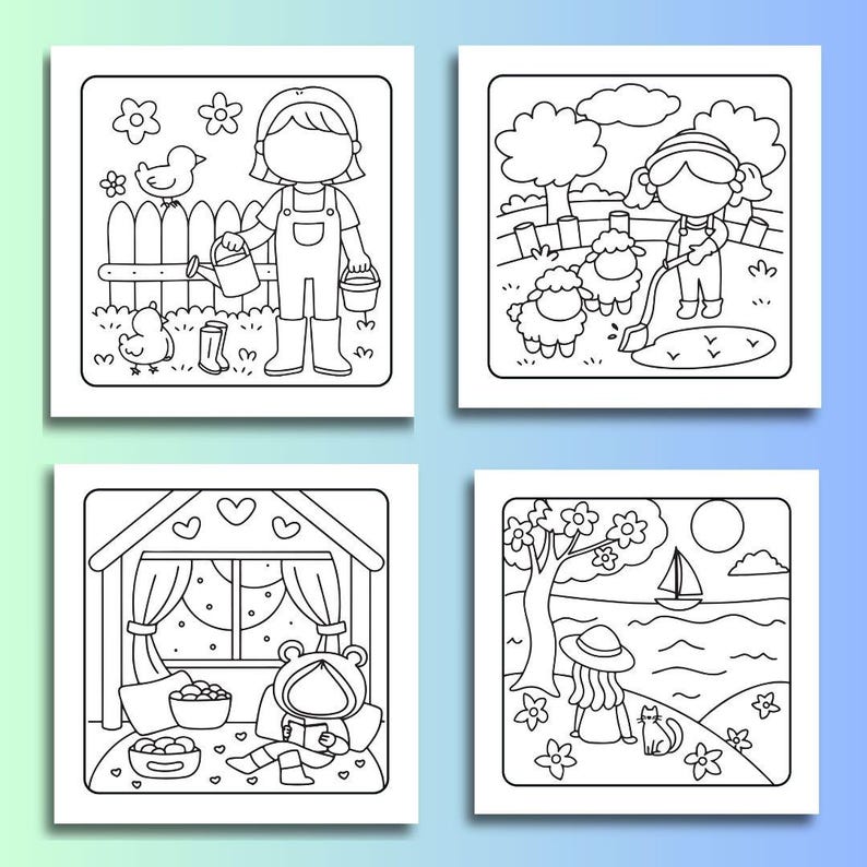 Puede incluir: Cuatro p&aacute;ginas para colorear en blanco y negro con escenas de granja y exteriores. Una muestra a una persona regando plantas, otra a una persona con ovejas, una tercera a una persona leyendo y la &uacute;ltima a una persona junto al agua.