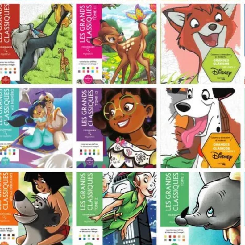 May include: Nine colorful Disney coloring books are displayed. The books feature illustrations of characters like Simba, Bambi, Aladdin, and Dumbo. Each book has the title "LES GRANDS CLASSIQUES" and a volume number.