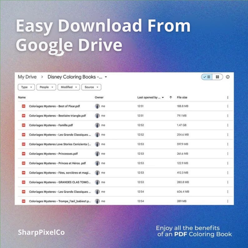 May include: Screenshot of a Google Drive folder titled "Disney Coloring Books" with multiple PDF files. The image includes the text "Easy Download From Google Drive" and "Enjoy all the benefits of an PDF Coloring Book."