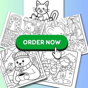 Puede incluir: Una colecci&oacute;n de p&aacute;ginas para colorear en blanco y negro con varias ilustraciones de animales lindos, incluyendo un gato, un oso, un rat&oacute;n y un perro. Las p&aacute;ginas est&aacute;n dispuestas alrededor de un bot&oacute;n verde "ORDER NOW" con un cursor de mano.