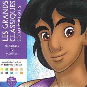 May include: A coloring book featuring a Disney character, with the title "LES GRANDS CLASSIQUES SPECIAL PORTRAITS." The cover shows a detailed illustration of a character's face with dark hair and brown eyes. The book includes the text "Coloriez les chiffres et d&eacute;couvrez l'image!"