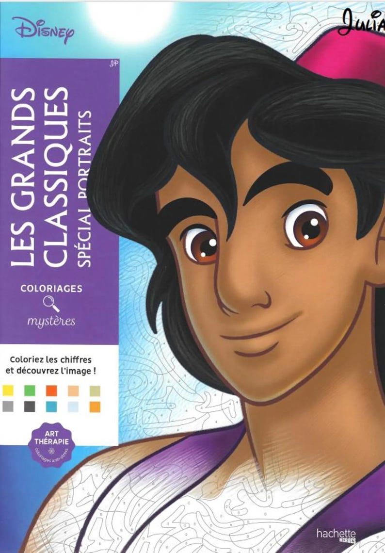 May include: A coloring book featuring a Disney character, with the title "LES GRANDS CLASSIQUES SPECIAL PORTRAITS." The cover shows a detailed illustration of a character's face with dark hair and brown eyes. The book includes the text "Coloriez les chiffres et d&eacute;couvrez l'image!"