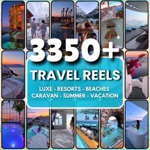 May include: A collection of travel images showcasing luxury resorts, beaches, and holiday destinations. The text "3350+ TRAVEL REELS" is prominently displayed in white on a turquoise background, with related keywords below.