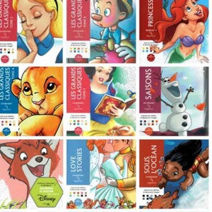May include: A collection of Disney coloring books featuring various characters. The covers display illustrations of Alice, Pinocchio, Ariel, Simba, Snow White, Olaf, a fox, a kissing couple, and a character from "Lilo & Stitch". Each book has French text.