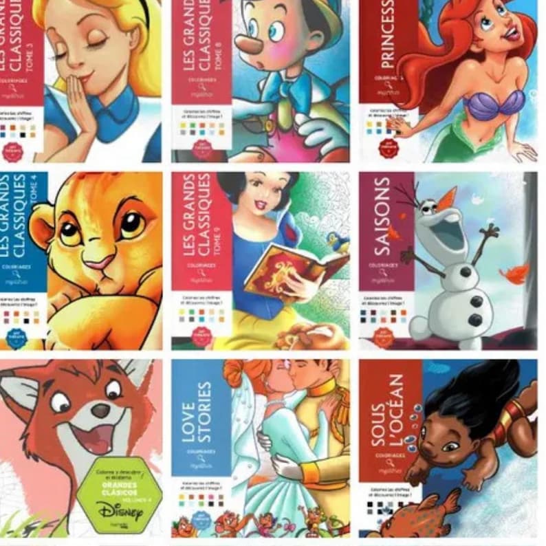 May include: A collection of Disney coloring books featuring various characters. The covers display illustrations of Alice, Pinocchio, Ariel, Simba, Snow White, Olaf, a fox, a kissing couple, and a character from "Lilo & Stitch". Each book has French text.