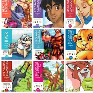 May include: A collection of Disney coloring books featuring various characters. The covers display illustrations of Aladdin, Alice, Bambi, Simba, Hercules, and others. Each book has a unique title and color scheme, with text in French.