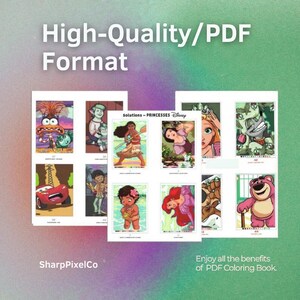 May include: A collection of printable PDF coloring pages featuring Disney princesses and other characters. The pages are displayed on a green and purple gradient background. Text on the image reads "High-Quality/PDF Format" and "Enjoy all the benefits of PDF Coloring Book."