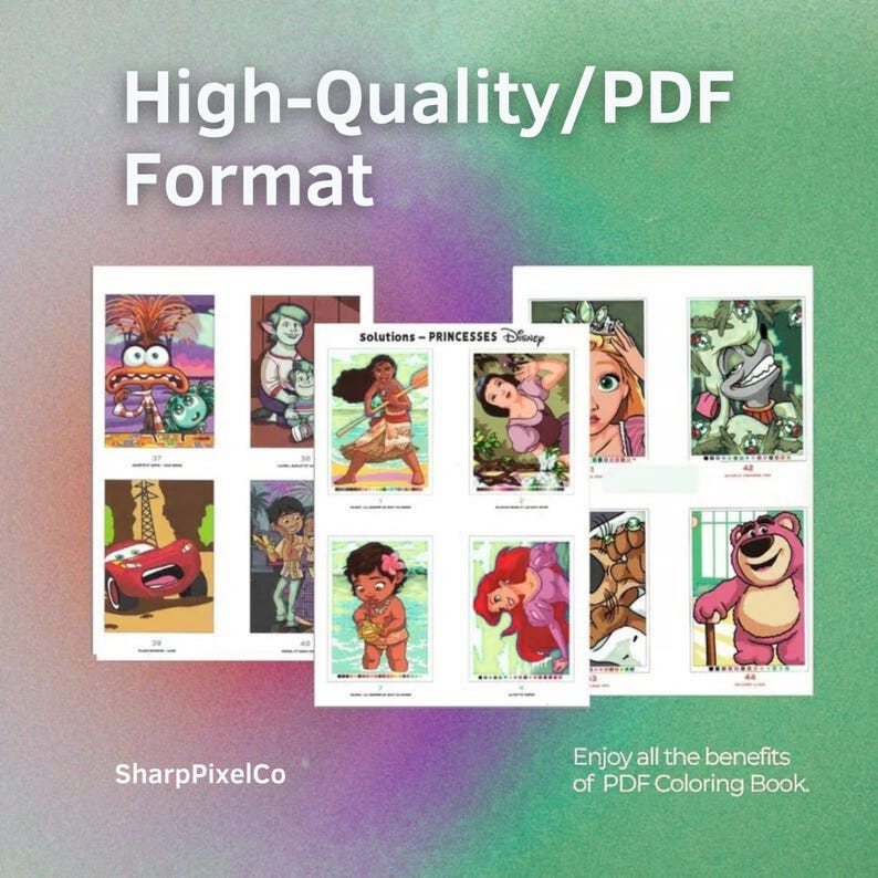 May include: A collection of printable PDF coloring pages featuring Disney princesses and other characters. The pages are displayed on a green and purple gradient background. Text on the image reads "High-Quality/PDF Format" and "Enjoy all the benefits of PDF Coloring Book."