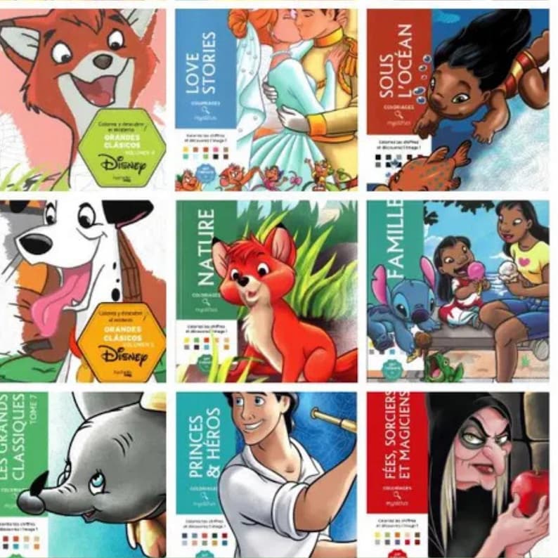 May include: A collection of Disney coloring books featuring various characters and themes. The covers display colorful illustrations of characters like a fox, a dalmatian, and characters from "Love Stories" and "Under the Sea". Each book has a title in a different language.