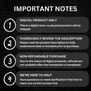 Pu&ograve; includere: Una grafica con quattro punti numerati che evidenziano note importanti per i prodotti digitali. Le note includono informazioni sui prodotti digitali esclusivamente, la revisione approfondita della descrizione, gli acquisti non rimborsabili e le informazioni di contatto per ricevere assistenza.