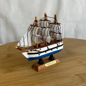 BLUE FREGATE MINIATURE Model / Wooden Mini Boat with Sails / Vintage Art / Nautical Deco / Table & Library Decoration