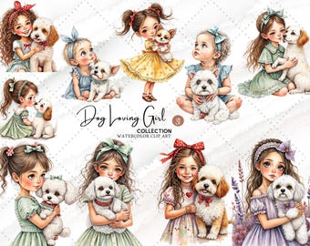 Clipart de niña amante de los perros, linda niña con cachorro, conjunto PNG, ilustración de mascotas para niños en acuarela para pegatinas, invitaciones de arte para guardería
