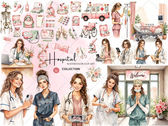 Hospital Clipart Bundle – Medical PNG Set with Doctors, Nurses, Ambulance, Medicine, Syringe & Stethoscope – Watercolor Healthcare