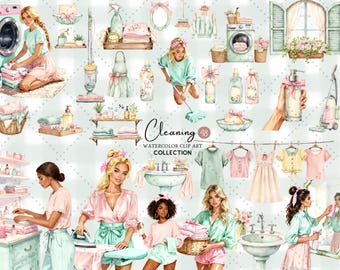 Cleaning Clipart Bundle Cute Woman Man with Broom, Mop, Vacuum, Spray Bottles & Gloves – Household Chores PNG for Planner Decor