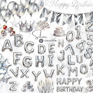 May include: A collection of silver-colored birthday-themed illustrations. Includes balloons, banners, letters, numbers, a cake, gifts, and other decorative elements. The words "Happy Birthday" and "Silver Collection" are also visible.