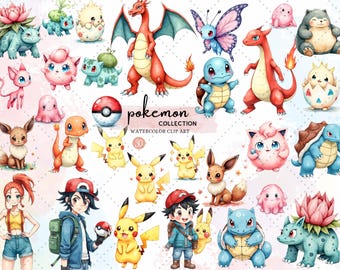 Cute Creature Monster Clipart Kawaii Fantasy Animals with Powers, Elements & Expressions Colorful Cartoon PNG Set for Stickers