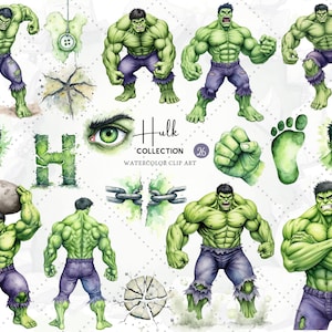 Może przedstawiać: Kolekcja akwarelowych grafik z Hulkiem. Obrazy obejmują różne pozy Hulka, zielone oko, zielony ślad stopy, zaciśniętą pięść i literę "H". Obecny jest również tekst "Hulk Collection".