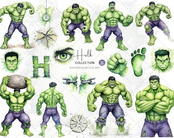Green Superhero Clipart Bundle Strong Muscle Hero PNG Set with Smash Poses,Angry Expressions & Torn Clothes  Comic Style Digital Art for Boy