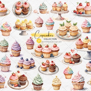 Cute Cupcake Clipart Bundle – Watercolor Dessert PNGs, Sweet Bakery Elements, Birthday Party Clipart, Instant Digital Download