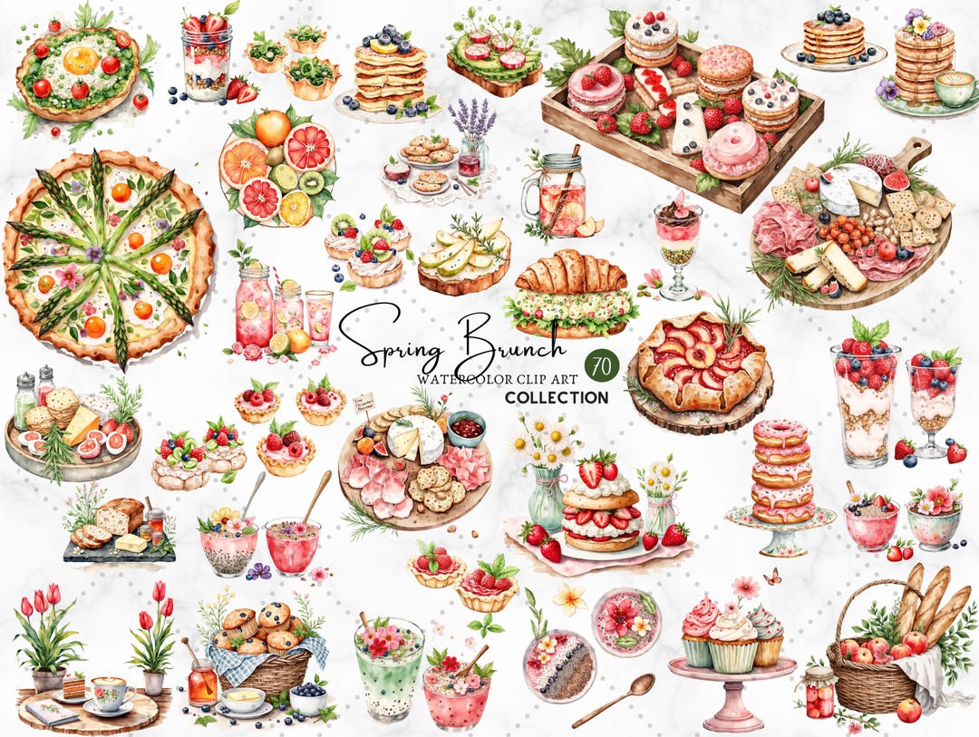 Spring Time Brunch Icon Spring Brunch Clipart Bundle Fresh Floral PNG Set With Pastries, Fruits ...