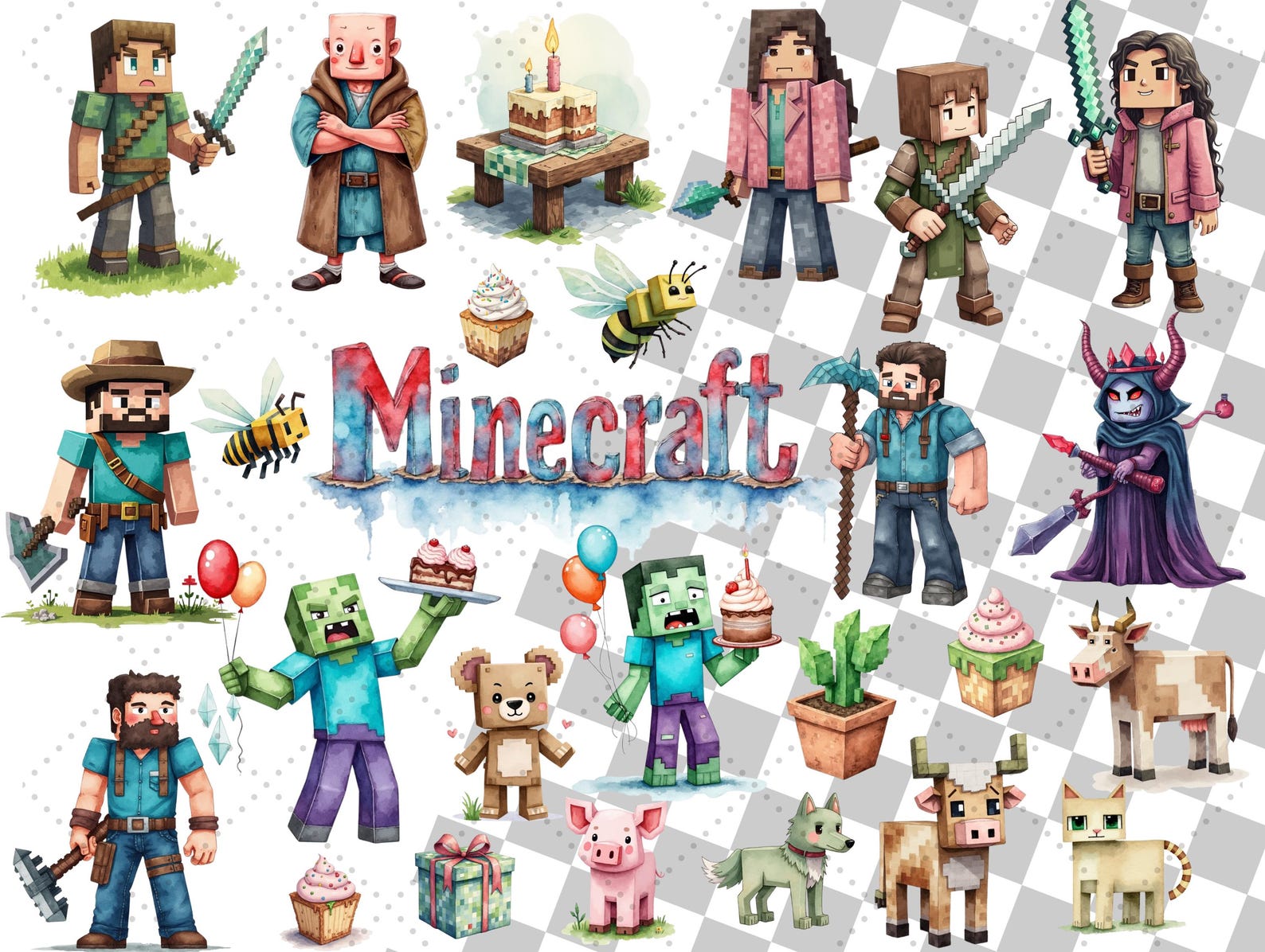 61 Pixel Adventure World Clipart Set – Blocky Game Style Characters ...