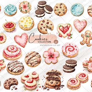 Op de afbeelding: Collectie van 60 waterverfkoekjes. De afbeelding toont een verscheidenheid aan koekjes, waaronder chocolate chip, sandwichkoekjes, hartvormige, stervormige en bloemvormige koekjes. De koekjes zijn versierd met glazuur, fruit en hagelslag.