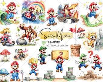 Clipart aventure de jeu rétro - héros à calotte rouge, princesse pixel, monde fantastique PNG, Style aquarelle, clip aquarelle téléchargement immédiat 32 PNG