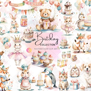 Clipart de aniversário fofo e peculiar | Ilustração de festa em aquarela | Filhote de cachorro, urso, pinguim, bolo, cupcake, velas, estrelas, faixas, 50 PNG