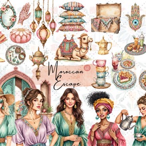 Clipart de Escape Marroquí: Oasis bohemio en el desierto con faroles, azulejos, arcos y palmeras. Arte digital en tonos cálidos para bodas.
