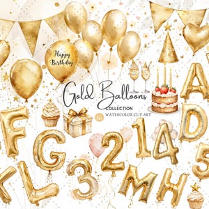 Gouden ballonletters en cijfers Clipart – feestdecoraties PNG, foliealfabet, verjaardag, babyshower, instant digitale download 66 png