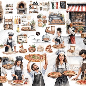 May include: Watercolor clip art set featuring pizza-themed illustrations. The images include chefs, pizza ovens, pizzas, and restaurant scenes. The text "La Bella Pizza" is visible. The color palette includes warm tones of red, brown, and white.