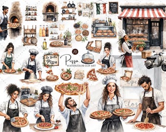 Pizza Clipart Bundle  Tasty Watercolor PNG Set with Slices, Whole Pizzas, Toppings, Boxes & Italian Herbs – Delicious Food Illustrations for
