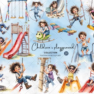 Kids Playground Clipart Bundle Colorful PNG Set with Slides,Swings,See-Saws,Balloons & Playful Children Watercolor Illustration for Nursery