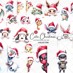 May include: Watercolor clip art collection featuring various cartoon characters, including Pikachu, Mickey Mouse, and Batman, all wearing Santa hats. The phrase "Cute Christmas" is displayed in the center. The characters are peeking out from behind white signs.