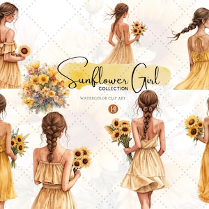 Sunflower Bliss Watercolor Summer Girl Clipart Green,Yellow PNGs,Late Summer Stickers,Sunflower Aesthetic Download 14 PNG