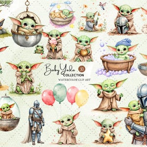 Op de afbeelding: Collectie aquarel clip art met Baby Yoda in verschillende poses en omgevingen. De illustraties bevatten Baby Yoda met een boek, in een bad, met ballonnen en met The Mandalorian. De tekst "Baby Yoda Collection" is ook opgenomen.