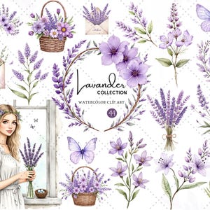 Clipart de flores de lavanda: acuarela floral PNG, elementos botánicos rústicos morados, bodas y bricolaje, descarga digital instantánea (44 PNG)