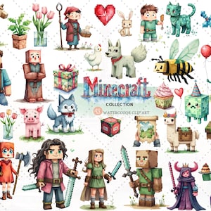 61 Pixel Adventure World Clipart Set – Blocky Game Style Characters tems Craft & Build Inspired Clipart – Retro Pixel Game Aesthetic