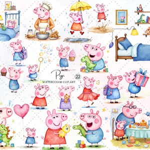 Può includere: Clipart ad acquerello con illustrazioni di Peppa Pig. Le immagini mostrano Peppa Pig in varie scene, tra cui cucinare, giocare e leggere. L'opera d'arte è colorata e fantasiosa, con un focus sui temi dell'infanzia.