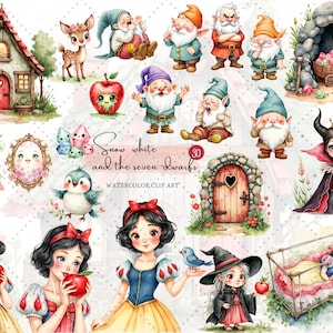 以下が含まれることがあります： 水彩画のクリップアートで、白雪姫、七人の小人、関連するおとぎ話の要素のイラストが特徴です。コテージ、鹿、リンゴ、鏡、鳥、ドア、眠っている白雪姫が含まれています。「Snow White and the seven dwarfs」というテキストも表示されています。